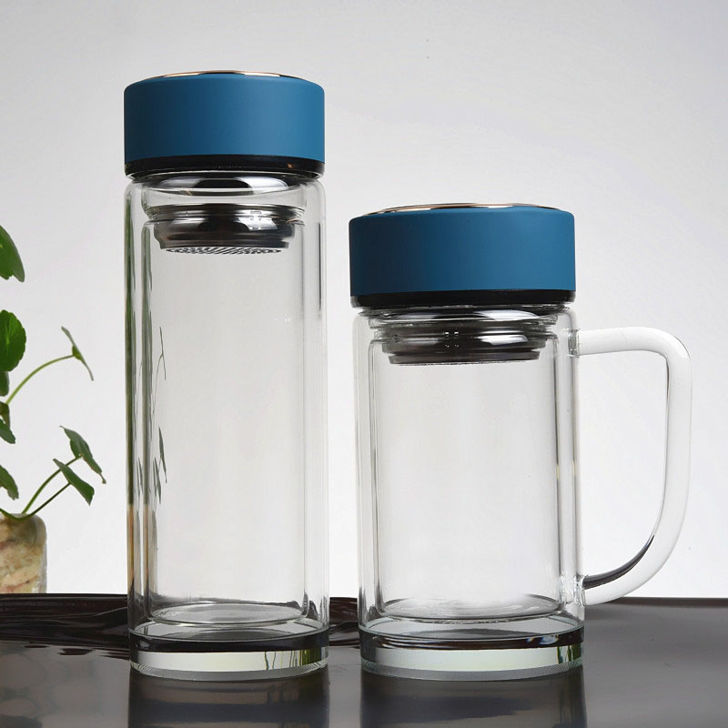 雙層玻璃杯大容量帶把手辦公水杯 男士帶蓋有濾網(wǎng)玻璃茶杯子定做廠(chǎng)家